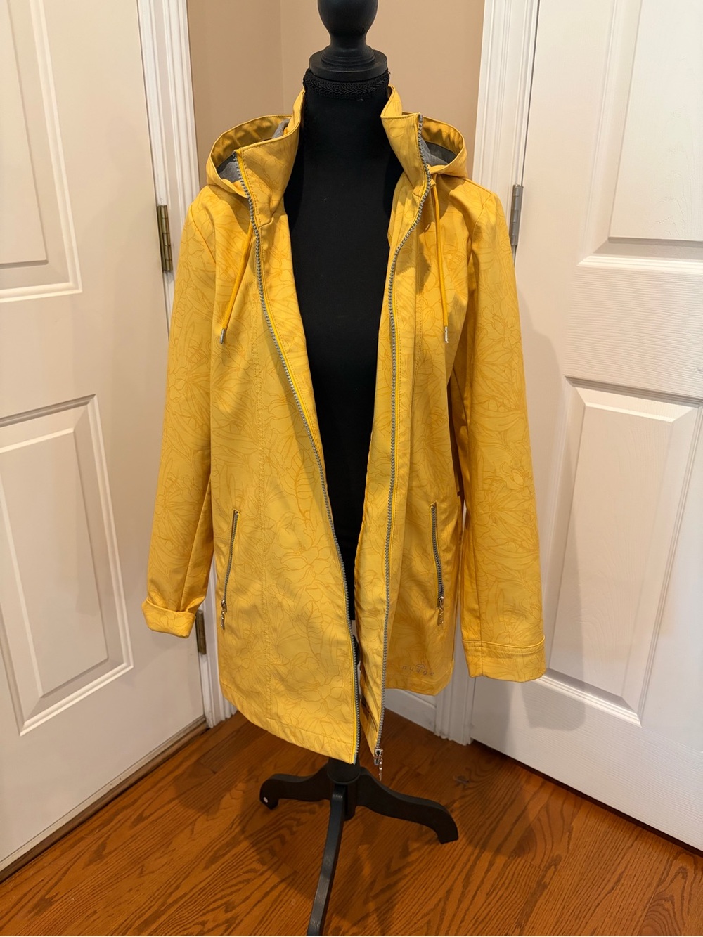 Women’s Yellow Hooded Trench Coat with Subtle Floral Texture